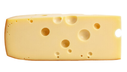 Swiss cheese block isolated PNG on transparent background, yellow dairy product with holes for cooking and food design