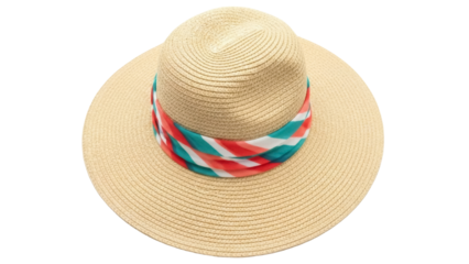 Stylish straw sun hat with colorful ribbon isolated PNG, summer fashion accessory for beach vacation and sun protection on transparent background
