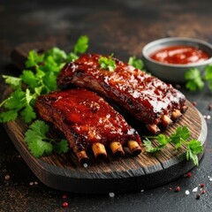 Glazed ribs with cilantro and sauce on a wooden board.