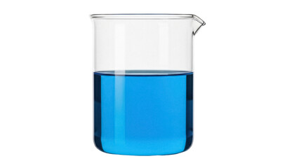 Beaker with blue liquid isolated PNG on transparent background, laboratory glassware for scientific experiments and chemical research