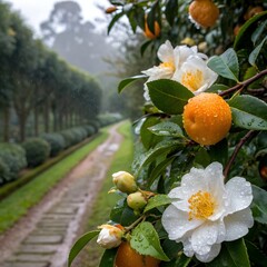 Camellia flowers and oranges in fresh rain, natural colors, beautiful background