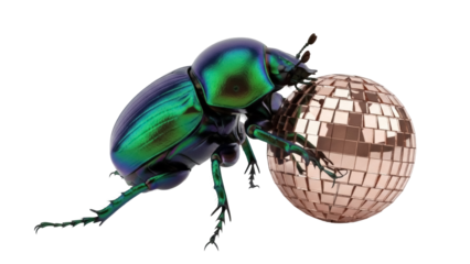 Shiny green beetle with disco ball isolated PNG, iridescent insect with mirrored sphere on transparent background, party animal concept