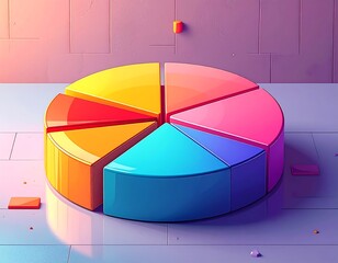 A vibrant, 3D pie chart, rendered with colorful segments on a surface