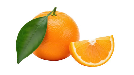 Fresh orange with leaf and slice isolated PNG, vibrant citrus fruit on transparent background for healthy eating and vitamin C