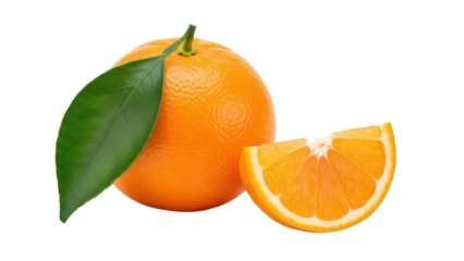 Fresh orange with leaf and slice isolated PNG, vibrant citrus fruit on transparent background for healthy eating and vitamin C