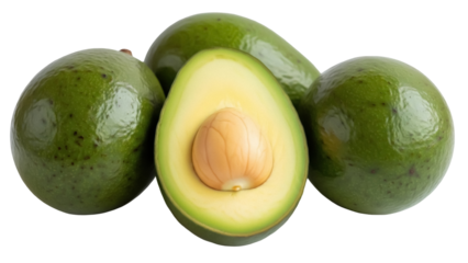 Fresh green avocados isolated PNG on transparent background, healthy fruit with pit for vegan diet and healthy eating concepts
