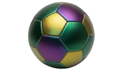 Colorful iridescent soccer ball PNG isolated on transparent background, iridescent football with green, gold, and purple panels for sports design