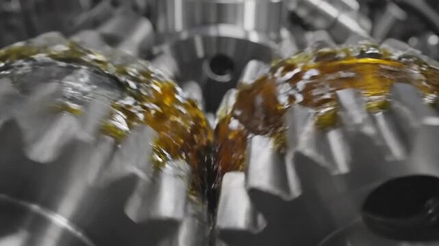 close-up view of machine gears being lubricated with golden oil in slow motion