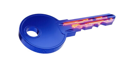 Blue key with glowing circuit pattern isolated PNG, digital security concept for data protection and access control on transparent