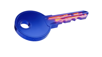 Blue key with glowing circuit pattern isolated PNG, digital security concept for data protection and access control on transparent