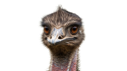 Emu head isolated PNG on transparent background, close-up portrait of Australian bird with brown feathers and curious expression
