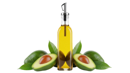 Avocado oil in glass bottle isolated PNG, healthy cooking ingredient for salad dressing and culinary use on transparent background