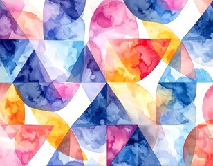 Watercolor geometric pattern with overlapping shapes, various colors, white background