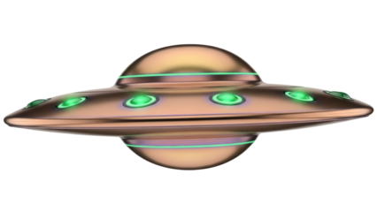 Shiny copper UFO PNG isolated on transparent background, extraterrestrial spaceship with green lights for science fiction and futuristic themes