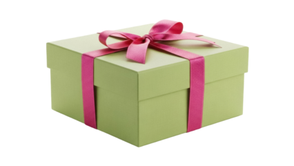 Light green gift box with pink ribbon isolated PNG, present for birthday or special occasion on transparent background, celebration