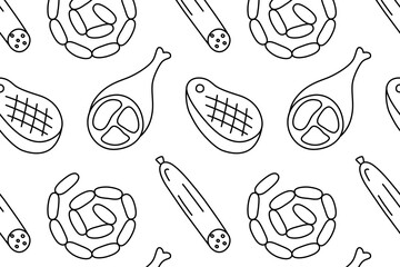 Flat cartoon vector illustration of black and white meat product pattern with steaks, chicken legs, sausages and ham, simple food theme, seamless design for packaging, menus and butcher shop projects
