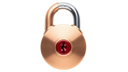 Round brass padlock with red keyhole isolated PNG, security lock for safety and protection on transparent background