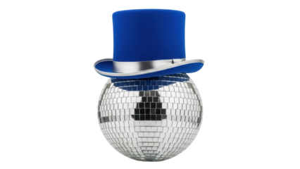 Shiny disco ball with blue top hat isolated PNG, fun party decoration on transparent background for festive events and celebrations