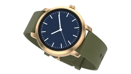 Elegant gold smartwatch with green band isolated PNG, modern timepiece on transparent background for design and advertising use