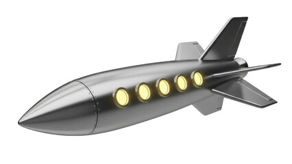 Silver retro rocket ship PNG isolated on transparent background, vintage space shuttle for science fiction and aerospace themes © PICSPRO
