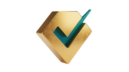 Golden check mark PNG isolated on transparent background, 3D rendering of approval symbol for design elements and presentations