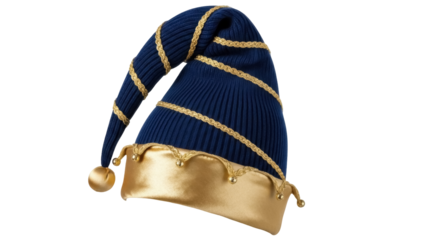 Blue and gold jester hat PNG isolated on transparent background, festive headwear for costume party and holiday celebration