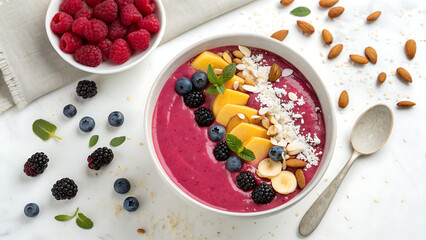 Vibrant pink smoothie bowl topped with fresh berries, sliced mango, nuts, and mint leaves, served with a side of raspberries and scattered almonds on a light surface
