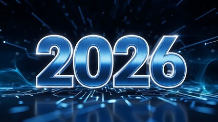 A futuristic depiction of the year 2026 presented in gleaming blue digital font surrounded by abstract circuit board lines and light streaks