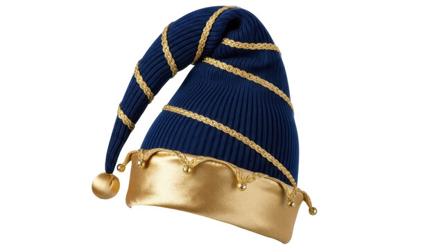 Blue and gold jester hat PNG isolated on transparent background, festive headwear for costume party and holiday celebration
