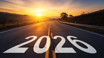 A scenic road stretches towards a vibrant sunset prominently displaying the year 2026 painted in large white numbers on the asphalt surface
