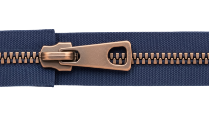 Metal zipper with blue fabric isolated on transparent background, clothing fastener for fashion design and garment construction PNG