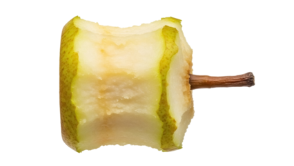 Partially eaten pear isolated PNG on transparent background, fruit core with stem showing bites and missing flesh for healthy eating concepts