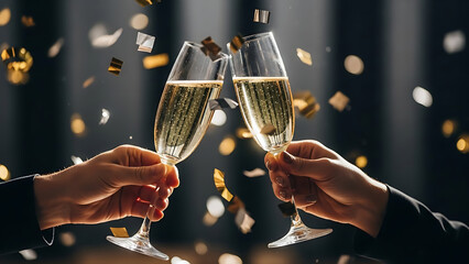 Two hands clinking champagne glasses in a festive toast.