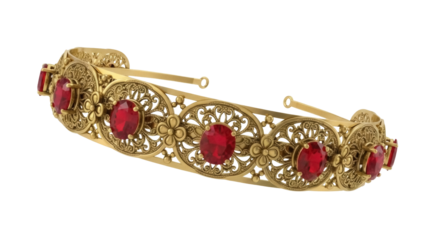 Ornate gold tiara with red gemstones isolated PNG, vintage style headpiece on transparent background for historical fashion design