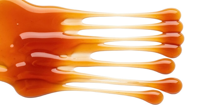Delicious caramel sauce dripping isolated PNG, sweet topping for desserts and ice cream, golden brown liquid with a smooth texture on transparent background