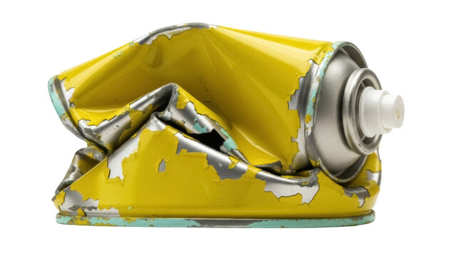 Crushed yellow spray paint can isolated PNG, damaged metal container with peeling paint for recycling or environmental concepts