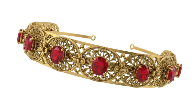 Ornate gold tiara with red gemstones isolated PNG, vintage style headpiece on transparent background for historical fashion design