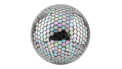 Hexagonal sphere PNG isolated on transparent background, futuristic geometric ball with colorful iridescent pattern for abstract design