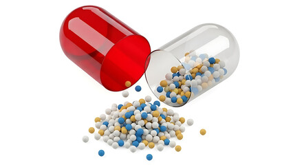 Red and clear medical capsule spilled open, revealing multicolored pellets for health and wellness treatment, symbolizing pharmaceutical innovation