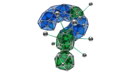 Geometric question mark PNG isolated on transparent background, 3D render of blue and green polygonal shape for design and educational use