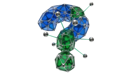 Geometric question mark PNG isolated on transparent background, 3D render of blue and green polygonal shape for design and educational use