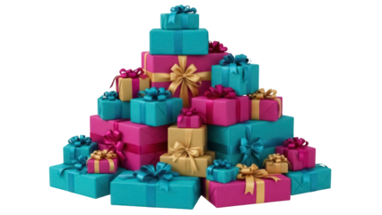 Pile of colorful wrapped gift boxes isolated PNG, presents in pink, turquoise and gold with ribbons on transparent background