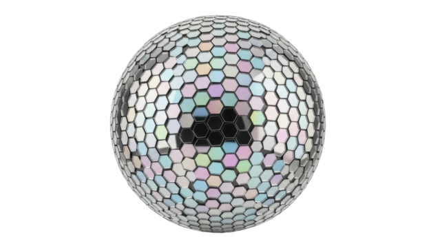 Hexagonal sphere PNG isolated on transparent background, futuristic geometric ball with colorful iridescent pattern for abstract design - Powered by Adobe