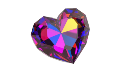 Heart-shaped gemstone isolated PNG on transparent background, colorful crystal with many facets for jewelry design and Valentine s Day