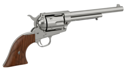 Silver single-action army revolver PNG isolated on transparent background, classic western firearm for historical and design projects