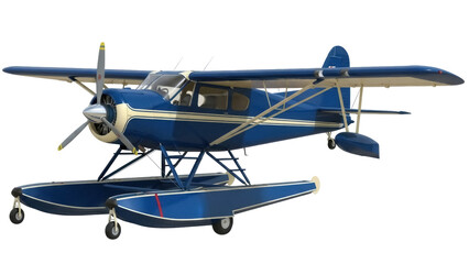 Blue and beige seaplane PNG isolated on transparent background, vintage floatplane aircraft for aviation and transportation themes © PICSPRO