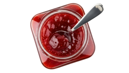 Strawberry jam in a glass jar with spoon isolated PNG, homemade fruit preserve on transparent background for breakfast and dessert