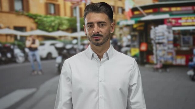 Young hispanic man wearing white shirt waving hand on busy urban street sidewalk in bright daylight; friendliness.