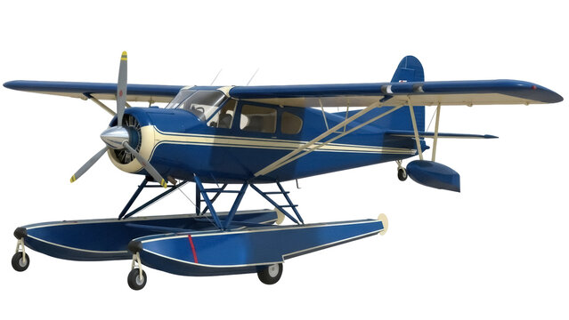 Blue and beige seaplane PNG isolated on transparent background, vintage floatplane aircraft for aviation and transportation themes