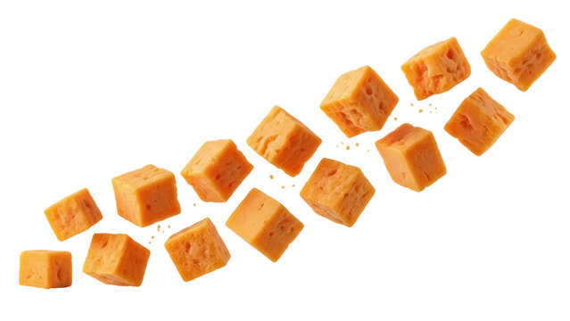 Cheddar cheese cubes PNG isolated on transparent background, orange cheese pieces for food design and healthy eating concepts